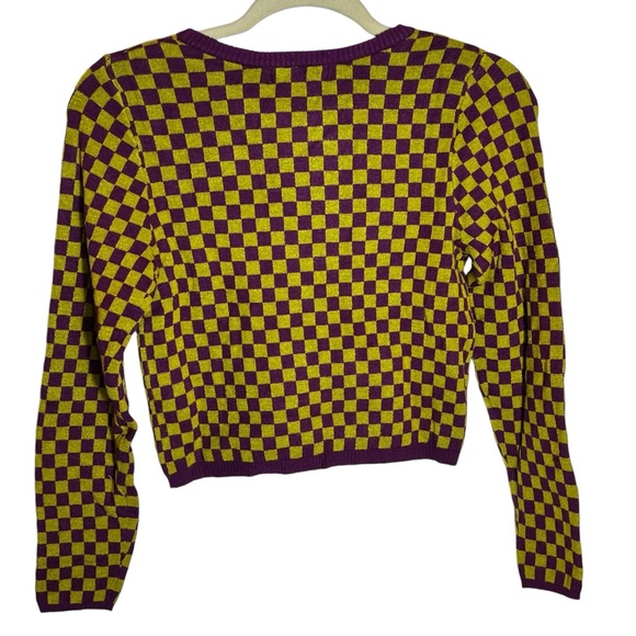 Daydreamer Fig Check Yellow Purple Soft Stretchy Crop Sweater, NWT, Small - Picture 2 of 14